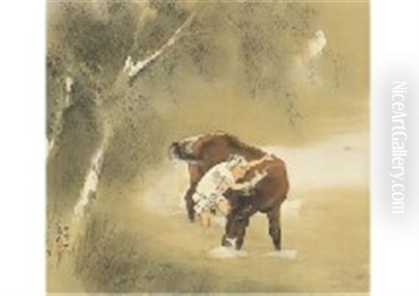 Horse Washing In The Evening Oil Painting by Kansetsu Hashimoto