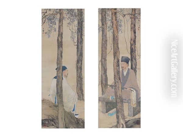 Under The Pine (a Pair Of Scrolls Oil Painting by Kansetsu Hashimoto