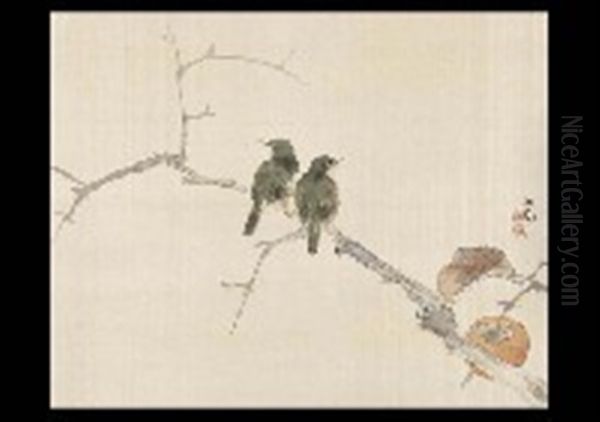 Perssimmon And White-eye Oil Painting by Kansetsu Hashimoto