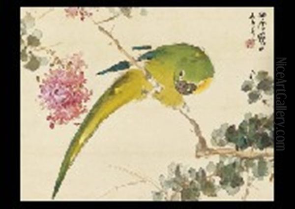 Parakeet In The Crepe Myrtle Oil Painting by Kansetsu Hashimoto