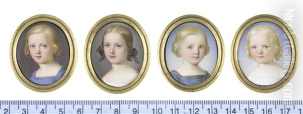 Portrait Miniatures Of Children: The Boys, Wearing Blue Square-necked Dresses...; The Girls, Wearing Plain White Dresses (4 Works) Oil Painting by John Haslem