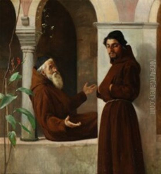 An Older Monk Teaching A Younger One Oil Painting by Otto Haslund