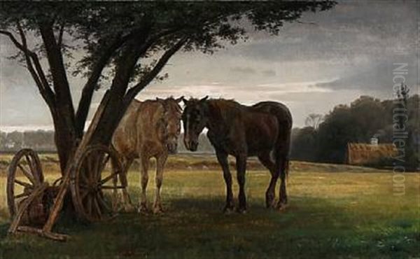 Landscape With Two Horses Under A Tree Oil Painting by Otto Haslund