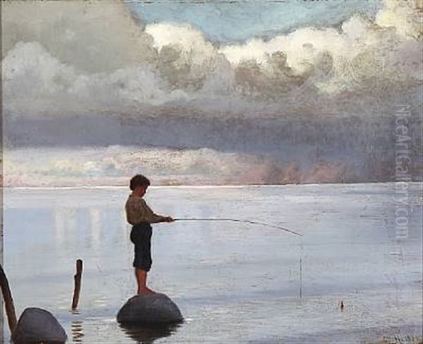 A Boy Fishing Oil Painting by Otto Haslund