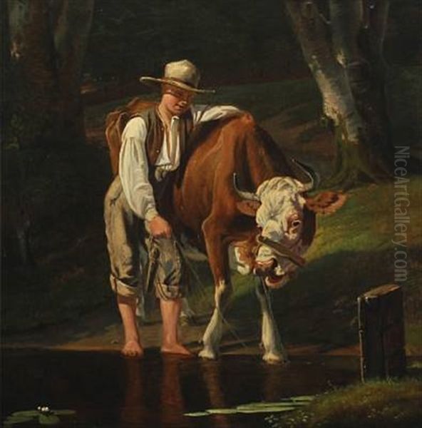 A Cow Being Watered Oil Painting by Otto Haslund