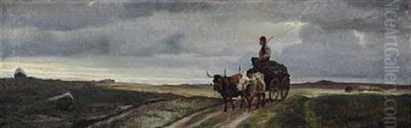 Landscape With A Farmer On His Wagon Oil Painting by Otto Haslund