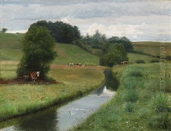 Graizing Cows Near Streams Oil Painting by Otto Haslund