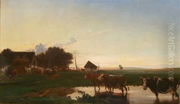 Koer Ved En Bondegaard - Sildig Eftermiddag (cows By A Farm, Late Afternoon) Oil Painting by Otto Haslund