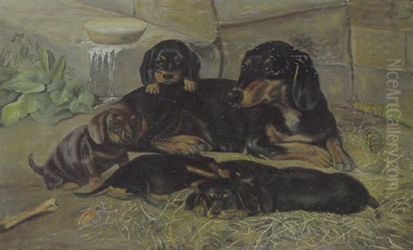 Gravhund Med Sine Hvalpe Oil Painting by Otto Haslund