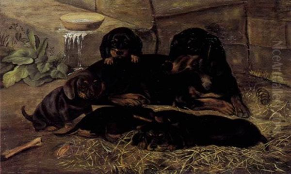 Gravhund Med Sine Hvalpe Oil Painting by Otto Haslund