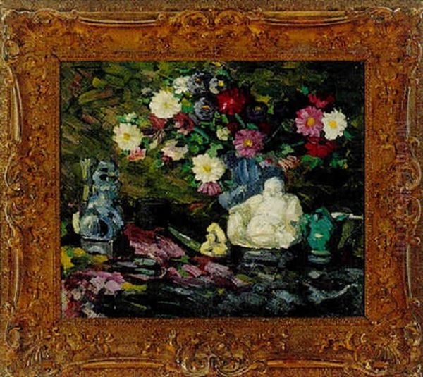 Opstilling Med Brogede Blomster Og Buddafigur Oil Painting by Hermann Hass