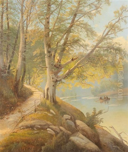 River Landscape With Path And Figures In A Rowboat Oil Painting by Siegfried Hass