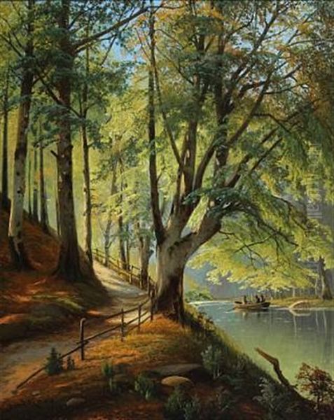 Forest Scenery With New Beech Leaves And People In Rowboat Oil Painting by Siegfried Hass