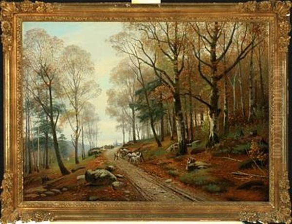 Forest Scenery With Forest Worker And Cart Oil Painting by Siegfried Hass