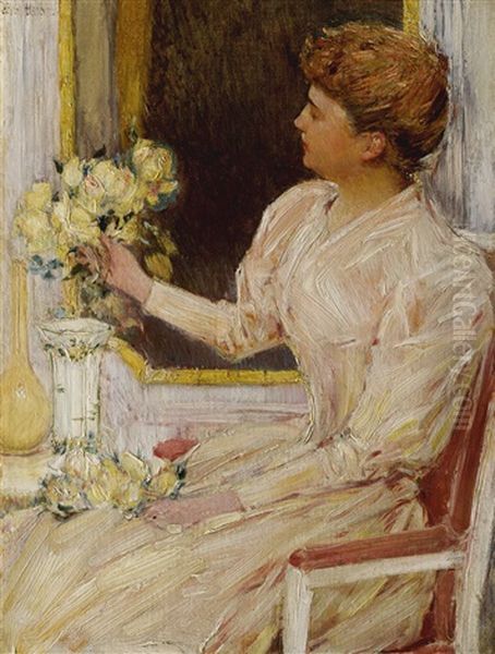 The Lady With Yellow Roses Oil Painting by Childe Hassam