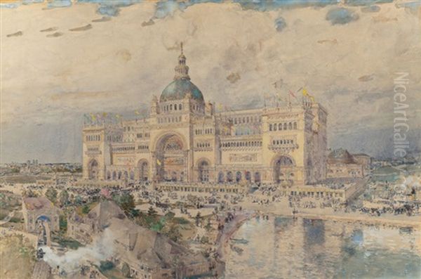 The Mackaye Spectatorium With Iowa Pavillion In Foreground, Columbian Exposition Oil Painting by Childe Hassam