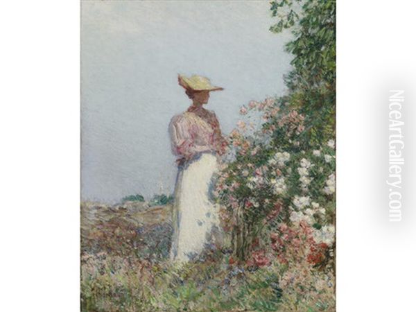 Lady In A Garden Oil Painting by Childe Hassam