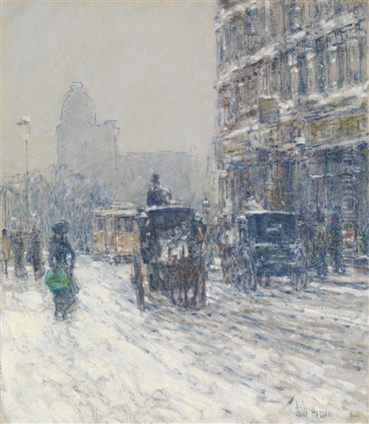 Winter, New York (winter Morning On Broadway) Oil Painting by Childe Hassam