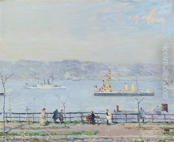 Men O'war: The Blake And The Boston Oil Painting by Childe Hassam