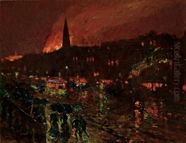 The Alarm, Firelight, Boston Oil Painting by Childe Hassam