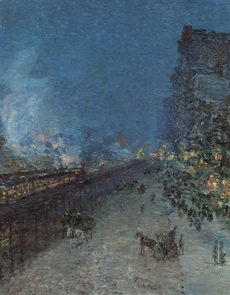 Sixth Avenue El, Nocturne, New York Oil Painting by Childe Hassam