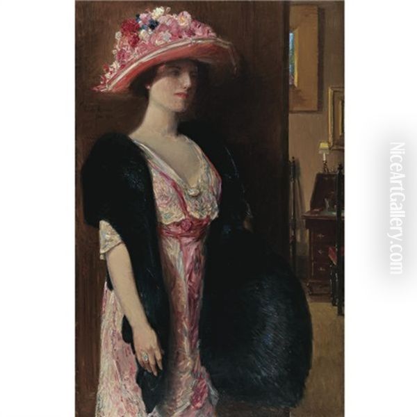 Fire Opals (lady In Furs: Portrait Of Mrs. Searle) Oil Painting by Childe Hassam