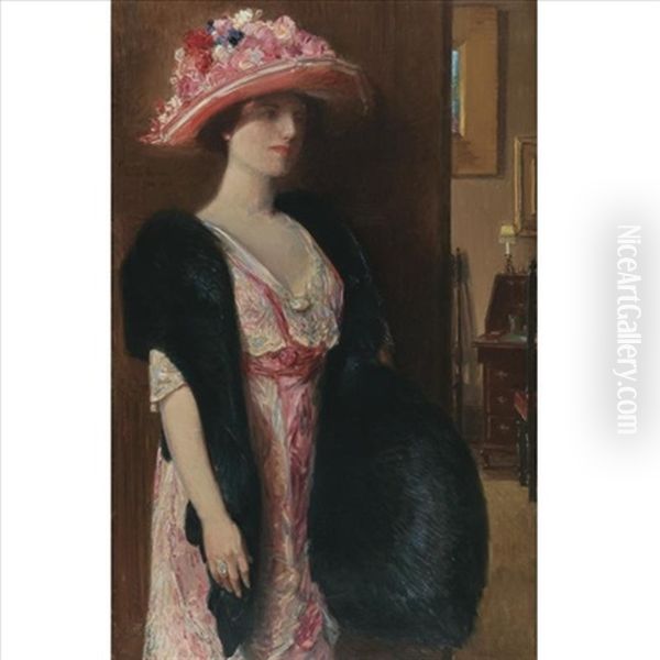 Fire Opals (lady In Furs: Portrait Of Mrs. Searle) Oil Painting by Childe Hassam