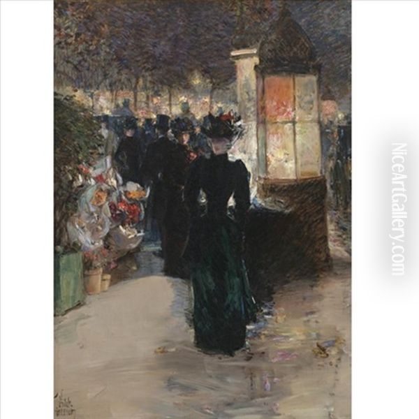 A Paris Nocturne Oil Painting by Childe Hassam