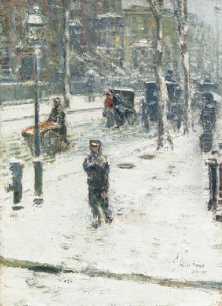 Snowstorm, Fifth Avenue, New York Oil Painting by Childe Hassam