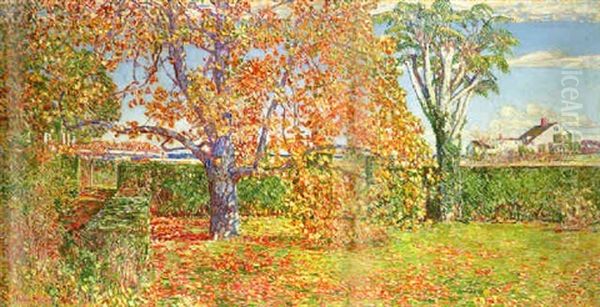 Autumn Landscape - East Hampton (garden Of Hassam's Home) Oil Painting by Childe Hassam