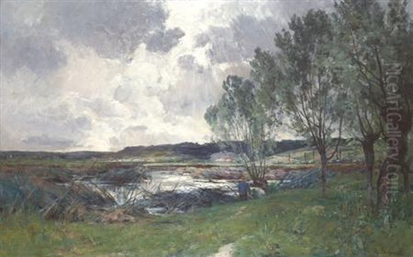 French, - Fisherman Under Stormclouds, Miribel Oil Painting by Armand Auguste Balouzet