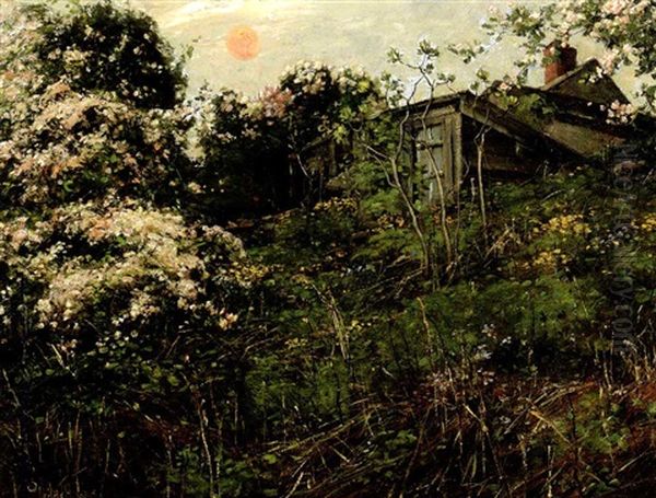 Apple Blossoms And Pink Moon Oil Painting by Childe Hassam