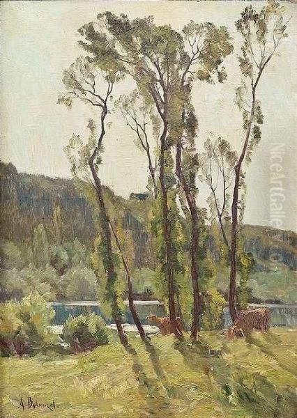 Summeryriver Landscape With Grazing Cows Oil Painting by Armand Auguste Balouzet