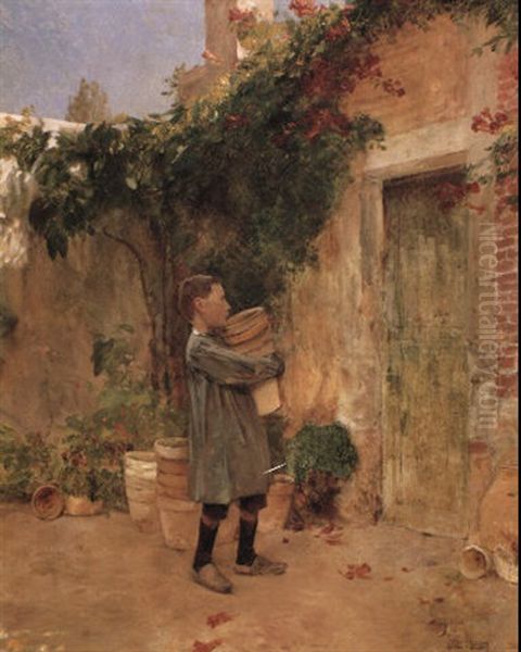 Boy With Flower Pot Oil Painting by Childe Hassam