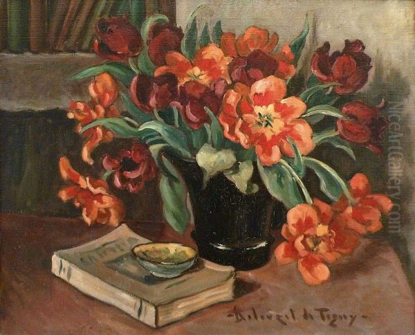 Nature Morte Au Bouquet De Tulipes. Oil Painting by Andre Balouzet De Tigny