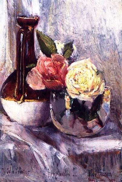 Roses In Bowl With Jug, Isles Of Shoals Oil Painting by Childe Hassam