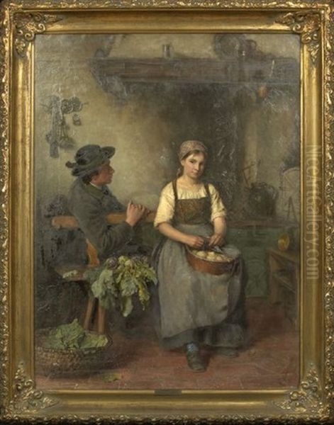 A Kitchen Interior With A Gentleman Courting A Maid Oil Painting by Wilhelm Hasselbach