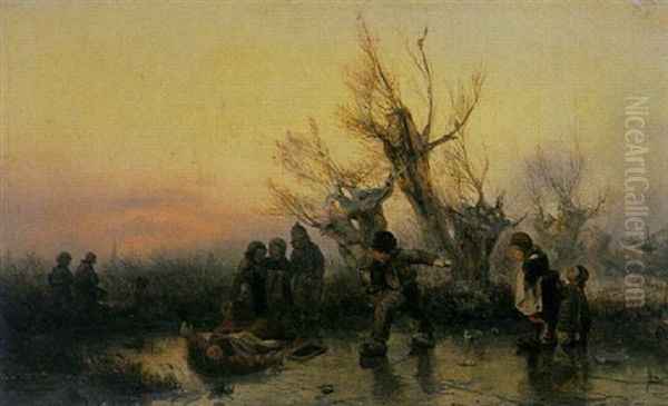 Children Playing On The Ice Oil Painting by Adolf Hasselblatt