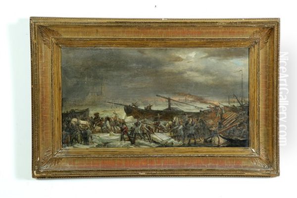 Winter Harbor Scene Oil Painting by Johann Heinrich Hasselhorst