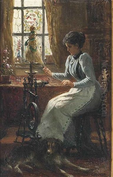 At The Spinning Wheel Oil Painting by Johann Heinrich Hasselhorst