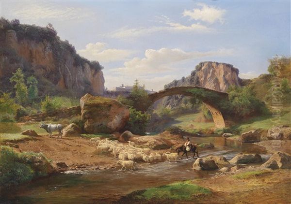 Sudliche Landschaft Mit Schafen An Einer Furt Oil Painting by Johann Heinrich Hasselhorst