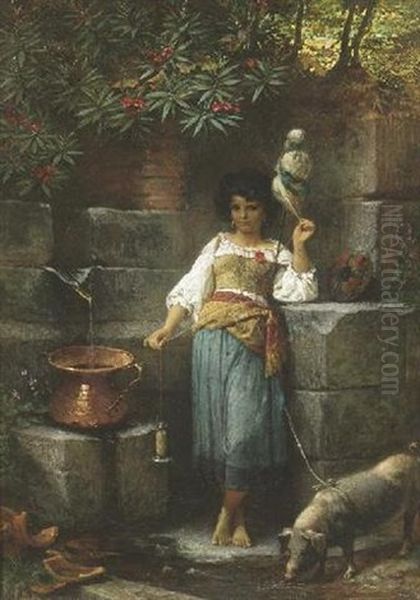 Am Brunnen. Junge Italienerin Mit Einer Spindel Fullt Ihren Krug. An Der Leine Ein Schwein Oil Painting by Johann Heinrich Hasselhorst