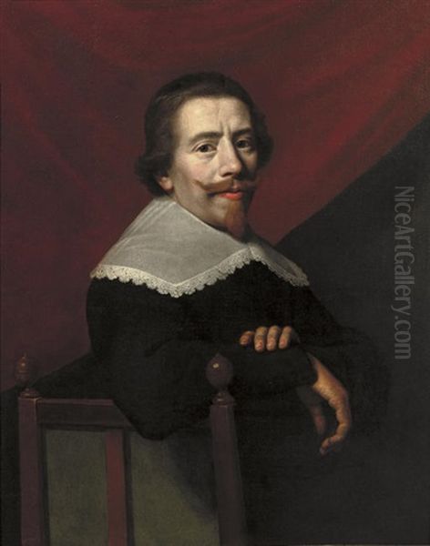 Self-portrait Seated In A Black Coat And Lace Collar, A Red Curtain Beyond Oil Painting by Jacob Van Hasselt