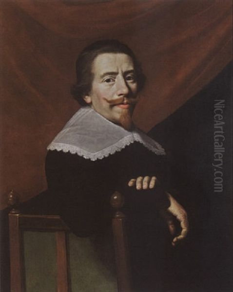 (self-portrait?), Wearing A Black Costume With White Lace Collar, On A Chair, A Red Curtain Behind Oil Painting by Jacob Van Hasselt