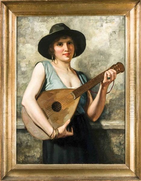 Junge Italienerin Mit Mandoline Oil Painting by Hans Hassenteufel