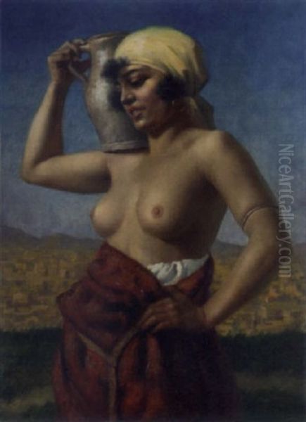 Junge Arabische Frau Mit Wasserkrug Auf Der Schulter Oil Painting by Hans Hassenteufel