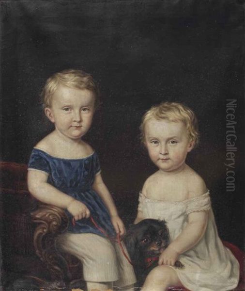 Portrait Of Two Young Children With Their Dog, Possibly Ulrich Graf Von Brockdorff-rantzau (1869-1928) And His Twin Brother Ernst Ludwig Graf... Oil Painting by L. Hastenrath