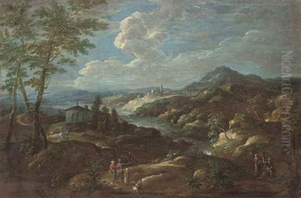 A Mountainous Landscape With Figures By A River Oil Painting by Hieronymous Hastner