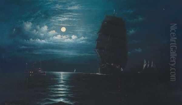 Moonlight View Of Ship Entering Portland Harbor Oil Painting by George M. Hathaway