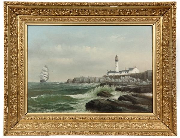 Sailing Ship Passing Portland Head Lighthouse, Maine Oil Painting by George M. Hathaway